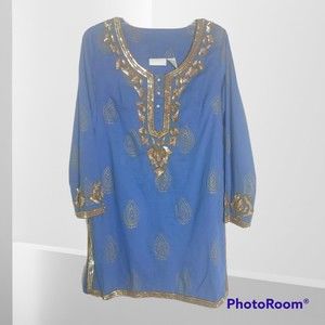 SOFT SURROUNDINGS EMBELLISHED TUNIC KURTA KURTI SIDE SLITS COTTON BLUE